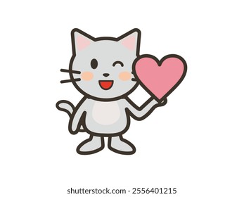 
Clip art of cute cat holding heart mark with one hand