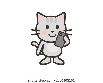 Clip art of cute cat looking at smartphone