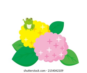 Clip art of cute frog. Hydrangea . Vector illustration.