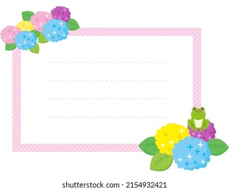 Clip art of cute frog. Hydrangea . Vector illustration. Message card