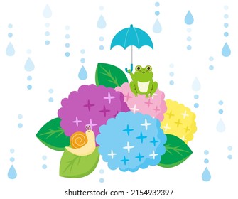 Clip art of cute frog and snail. Hydrangea . Vector illustration.