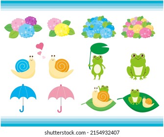 Clipkunst von süßem Frosch und Schnecke. Hydrangea Vektorgrafik.