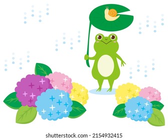 Clip art of cute frog and snail. Hydrangea . Vector illustration.