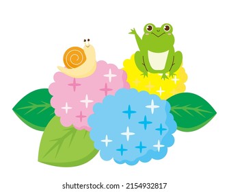 Clip art of cute frog and snail. Hydrangea . Vector illustration.