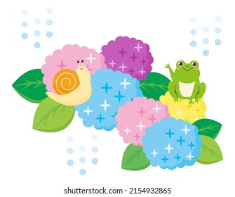 Clip art of cute frog and snail. Hydrangea . Vector illustration.