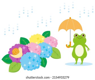 Clip art of cute frog and snail. Hydrangea . Vector illustration.