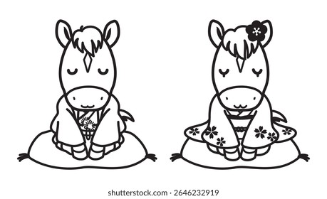 Clip art of cute horse couple in kimono, New year's card design elements for year of the horse (monochrome)