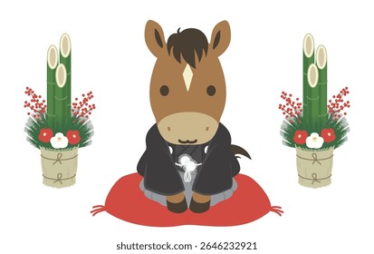 Clip art of cute horse in kimono greeting the New Year in front of kadomatsu