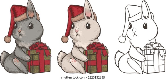Clip art with cute new year rabbit in vintage style, Texture print. Santa Claus costume. Christmas Vector illustration of animal.