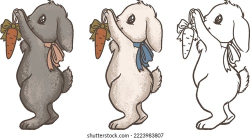 Clip art with cute new year rabbit in vintage style, Texture print. Santa Claus costume. Christmas Vector illustration of animal.