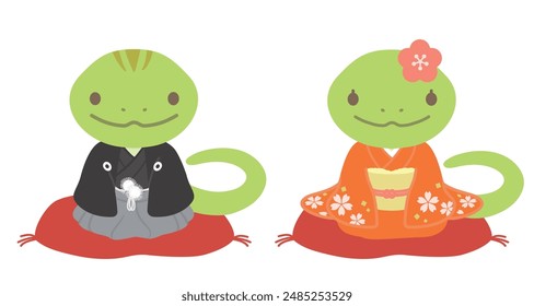 Clip art of cute snake couple in kimono, New year's card design elements for year of the snake