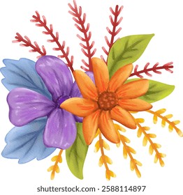 clip art cute watercolor illustration of colorful arranged bouquet flowers with leaves for decoration and invitation card