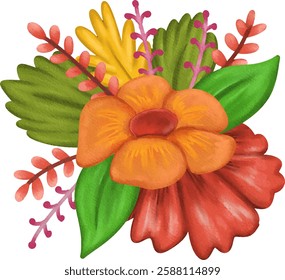 clip art cute watercolor illustration of colorful arranged bouquet flowers with leaves for decoration and invitation card