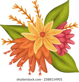 clip art cute watercolor illustration of colorful arranged bouquet flowers with leaves for decoration and invitation card