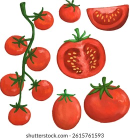 clip art cute watercolor illustration of red tomatoes with flower and leaf for background asset