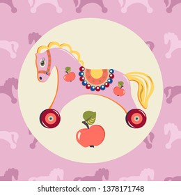 Clip art. Cute wooden toy horse on wheels, apple, and repeatable vector pattern with lighter and darker pink wooden toy horses on wheels on pink background.