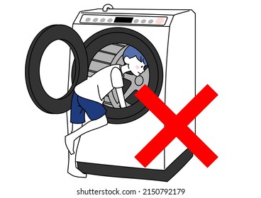 Clip Art Of Dangerous Child Trying To Crawl Into Washing Machine