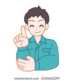 Clip art of deformed man in work clothes smiling and pointing.