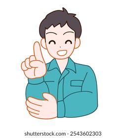 Clip-art do homem deformado em roupas de trabalho sorrindo e apontando.