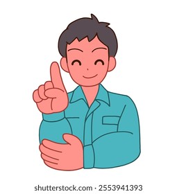 Clip art of deformed man in work clothes smiling and pointing.