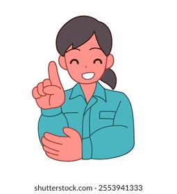 Clip art of deformed woman in work clothes smiling and pointing.