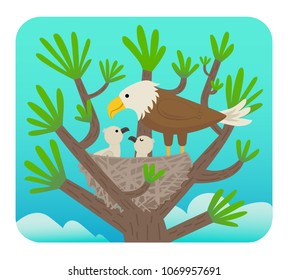 Clip art of an eagle with it's chicks in a nest on a tree. Eps10