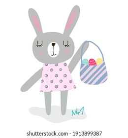 Clip art easter bunny in dress, easter painted egg and basket. Bright, funny, cute editable EPS 10 easter graphic illustration. For greeting cards, web sites, banners. 