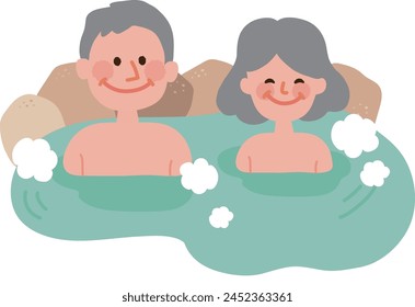 Clip art of elderly couple bathing in hot spring