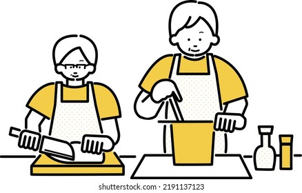 Clip Art Of Elderly Couple Cooking.