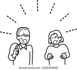 Clip art of elderly couple fighting, line drawing.
