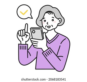 Clip art of a elderly female operating a smart phone