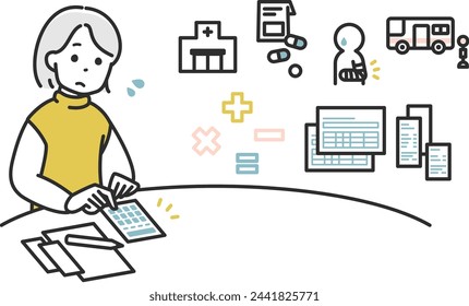 Clip art of elderly woman calculating medical expenses