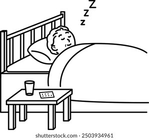 Clip art of elderly woman sleeping after taking sleeping pills.