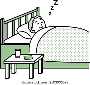 Clip art of elderly woman sleeping after taking sleeping pills.