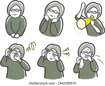 Clip art of an elderly woman suffering from hay fever