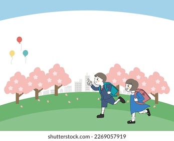 Clip art of elementary school students running in a field lined with cherry blossom trees.