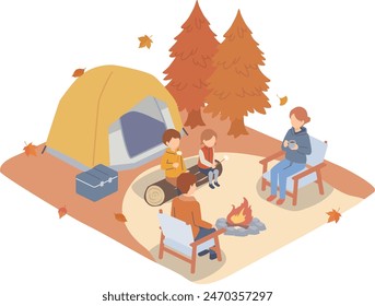 Clip art of a family around a campfire at a campground in autumn