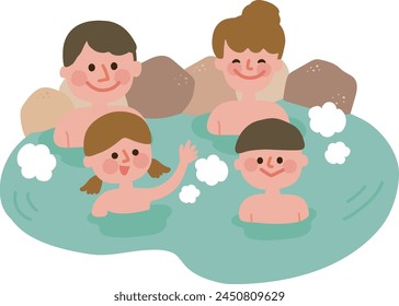 Clip art of family bathing in hot spring