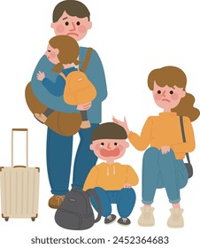 Clip art of family exhausted by travel