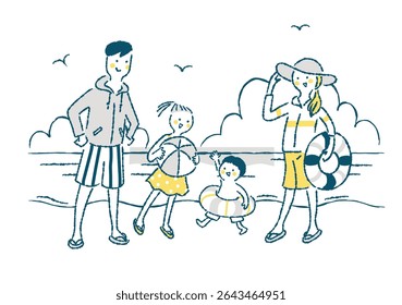 Clip art of family of four enjoying sea bathing(few colors)