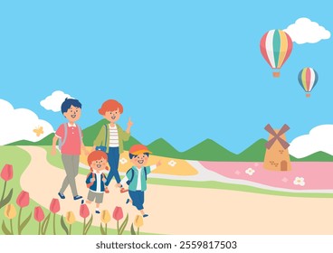 Clip art of family going out to spring flower garden