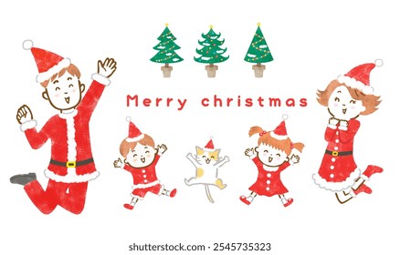 Clip art of a family jumping in a Santa costume and a Christmas tree.