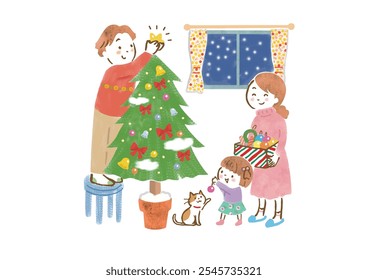 Clip art of a family of three and a cat decorating a Christmas tree.