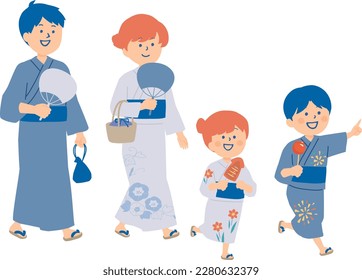 Clip art of family walking in yukata