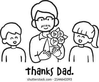 Clip art of father and children on Father's Day, line art.