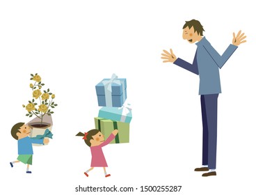 Clip art for Father's Day.
Father and kids illustration.