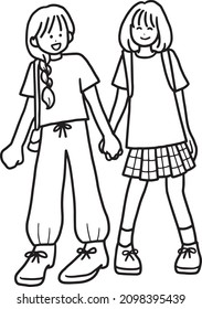 clip art of female couple holding hands, line art.