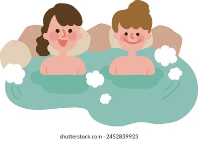 Clip art of female friends bathing in hot spring