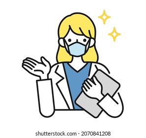 Clip art of female nurse wearing a surgical mask making an introduction