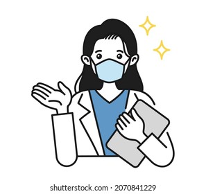 Clip art of female nurse wearing a surgical mask making an introduction